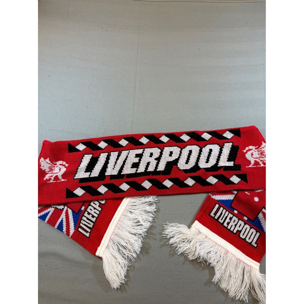 Liverpool FC Soccer Scarf Red White Knit Fan Scarf Liver Bird Union Jack 54 Inch